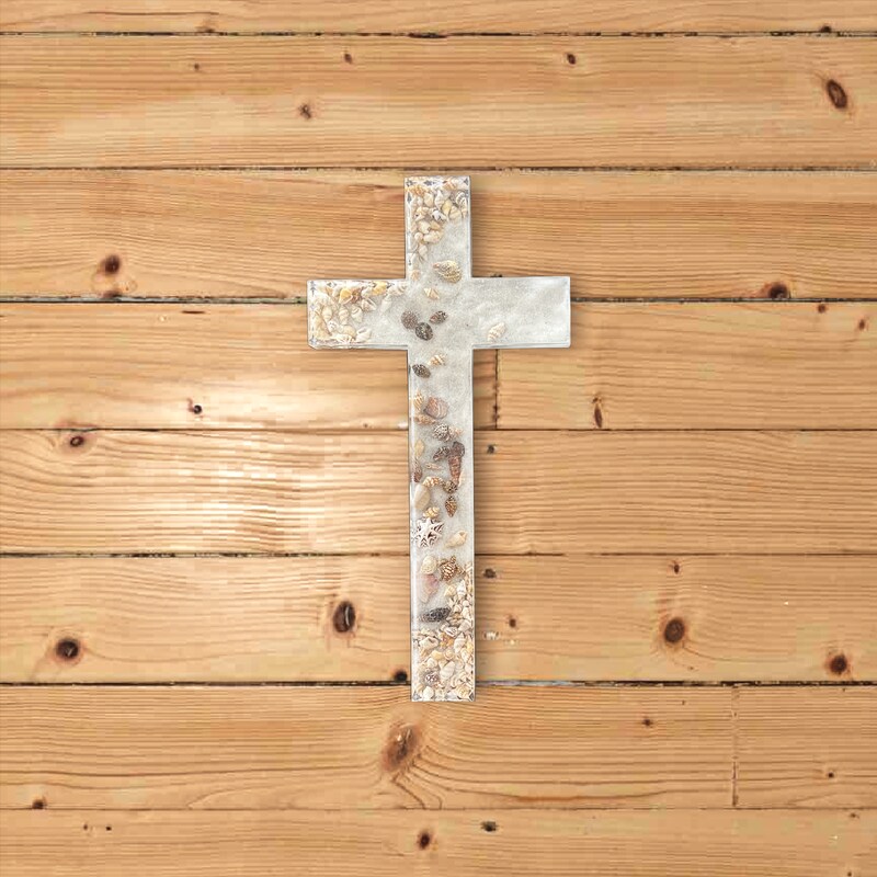White Sand and Shell Clear Resin Cross